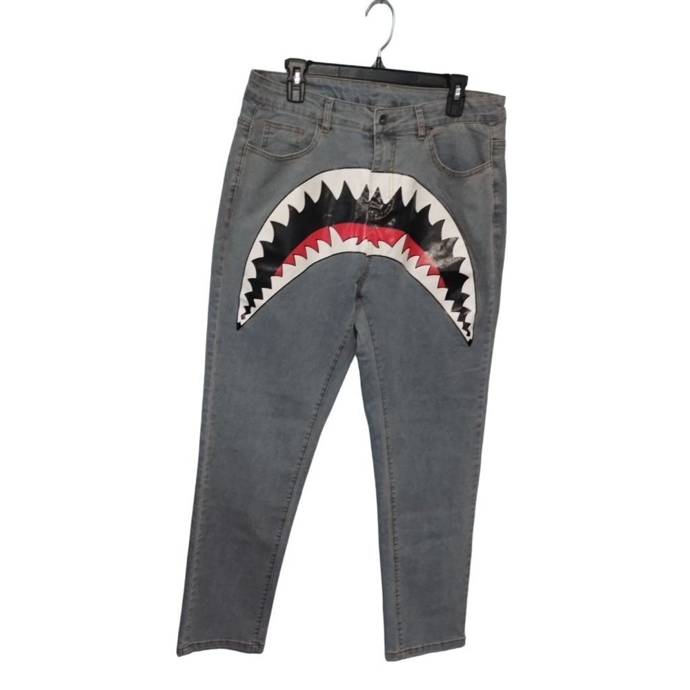 Men's Faceless Shark Bite Grey Jeans Large Squad Patch Size Medium